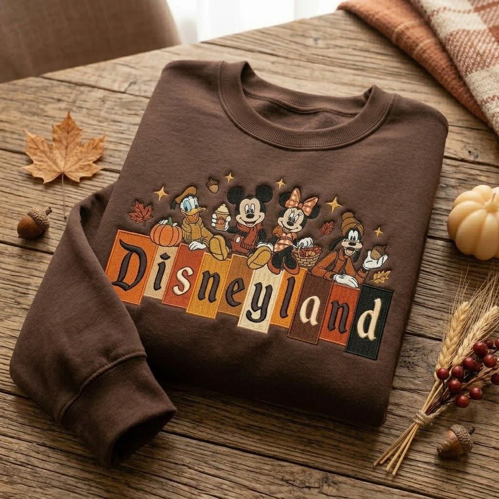 Disneyland Fall Embroidered Sweatshirt with Mickey and Friends Pumpkin Crewneck – Cozy Autumn Theme Park Pullover Disney Lover Gift Idea - photo 3