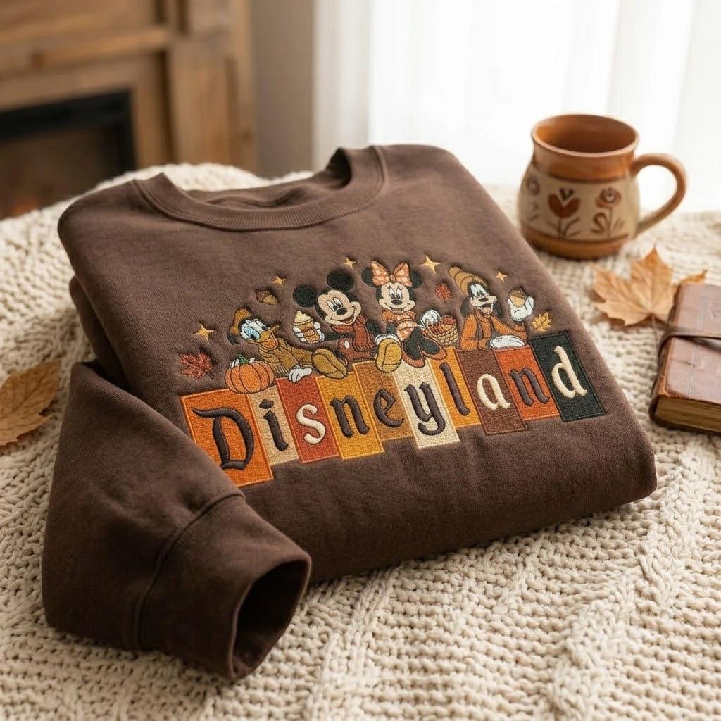 Disneyland Fall Embroidered Sweatshirt with Mickey and Friends Pumpkin Crewneck – Cozy Autumn Theme Park Pullover Disney Lover Gift Idea - photo 5