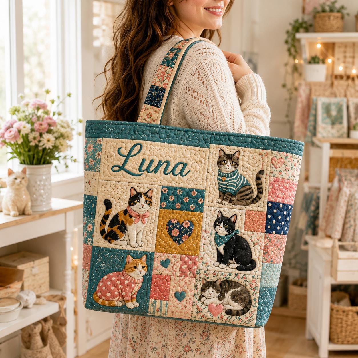 Personalized Floral Patchwork Cat Quilted Style Tote Bag with Custom Name – Cozy Shoulder Bag Purse Gift for Cat Lover