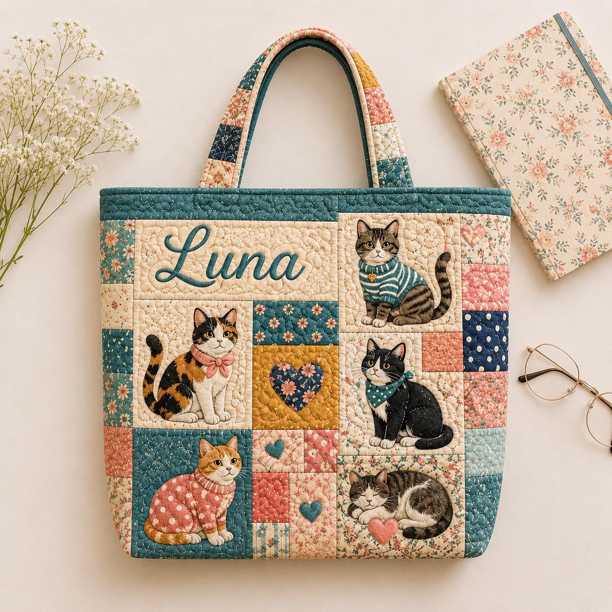 Personalized Floral Patchwork Cat Quilted Style Tote Bag with Custom Name – Cozy Shoulder Bag Purse Gift for Cat Lover - photo 2