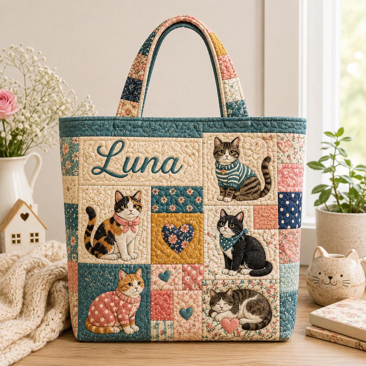Personalized Floral Patchwork Cat Quilted Style Tote Bag with Custom Name – Cozy Shoulder Bag Purse Gift for Cat Lover - photo 3