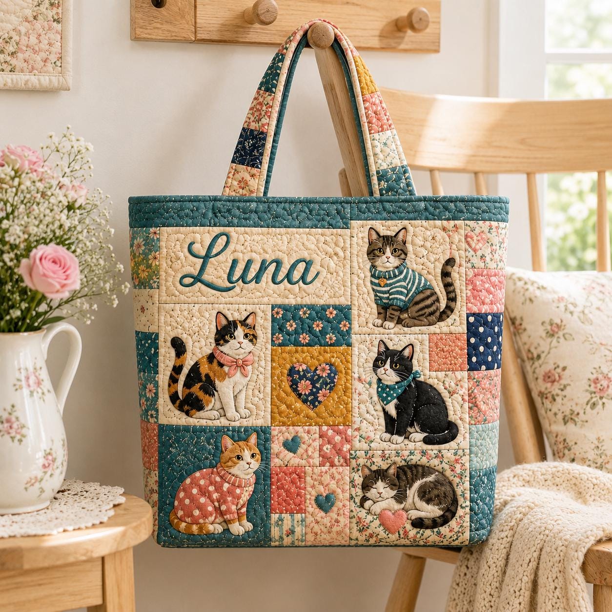 Personalized Floral Patchwork Cat Quilted Style Tote Bag with Custom Name – Cozy Shoulder Bag Purse Gift for Cat Lover - photo 5