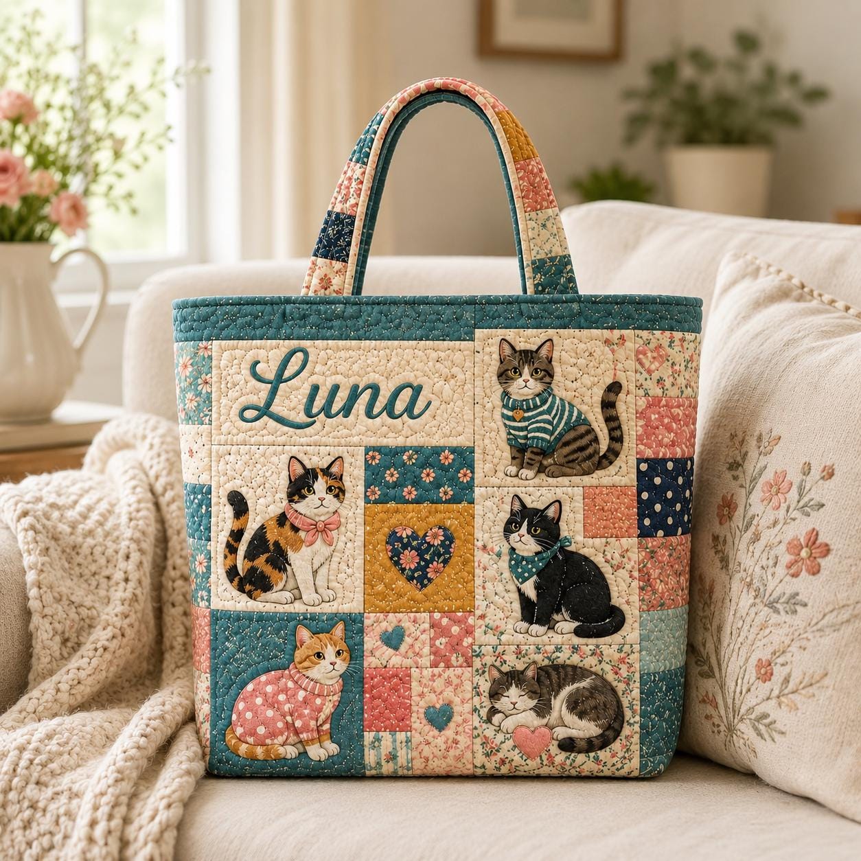 Personalized Floral Patchwork Cat Quilted Style Tote Bag with Custom Name – Cozy Shoulder Bag Purse Gift for Cat Lover - photo 6