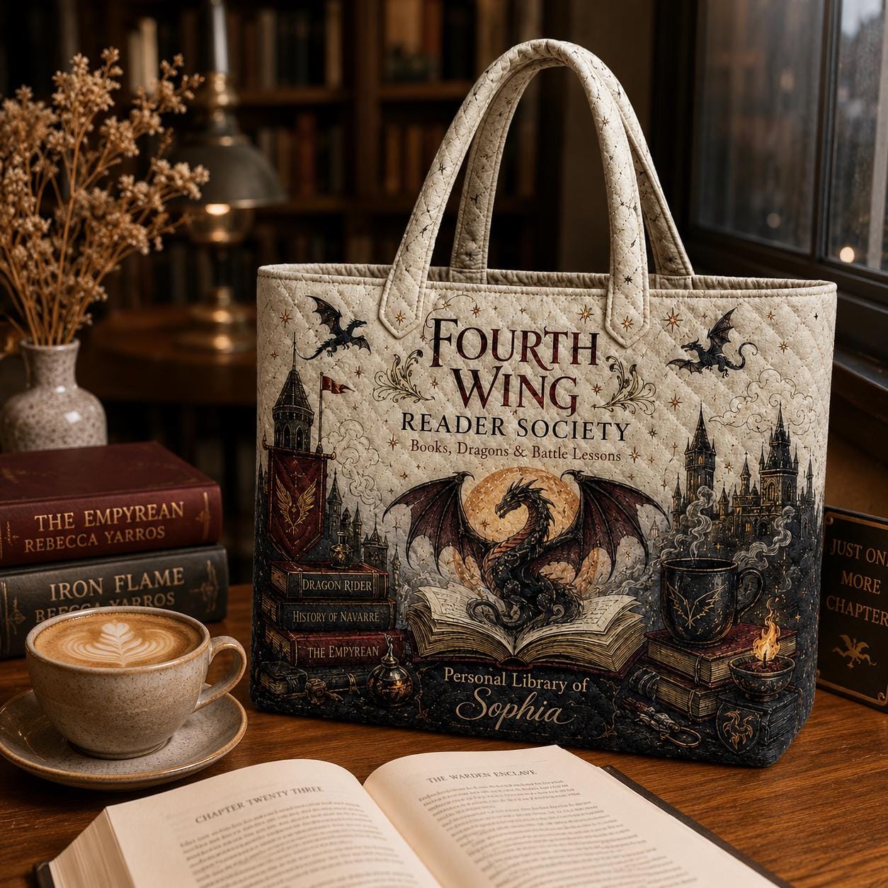 Personalized Fantasy Dragon Reader Style Tote Bag with Custom Name – Bookish Library Bag and Literary Society Book Lover Gift