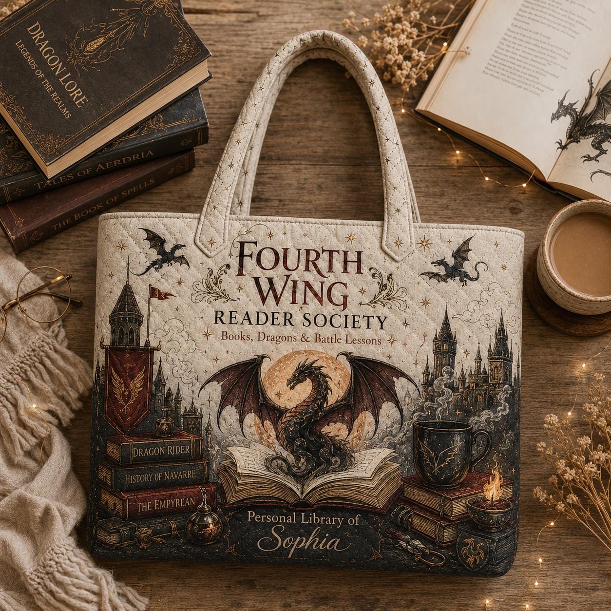 Personalized Fantasy Dragon Reader Style Tote Bag with Custom Name – Bookish Library Bag and Literary Society Book Lover Gift - photo 2