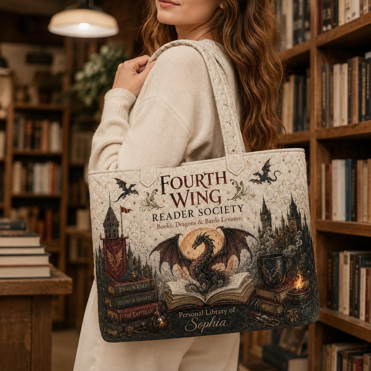 Personalized Fantasy Dragon Reader Style Tote Bag with Custom Name – Bookish Library Bag and Literary Society Book Lover Gift - photo 3