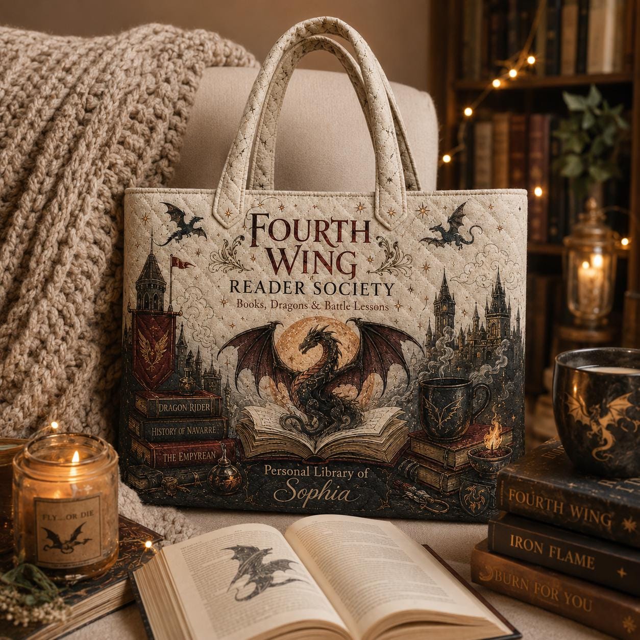 Personalized Fantasy Dragon Reader Style Tote Bag with Custom Name – Bookish Library Bag and Literary Society Book Lover Gift - photo 4