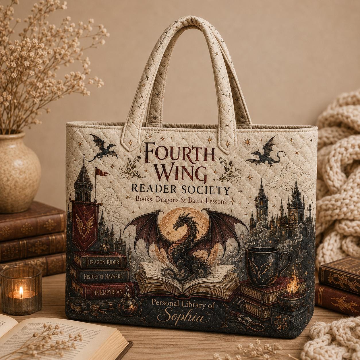 Personalized Fantasy Dragon Reader Style Tote Bag with Custom Name – Bookish Library Bag and Literary Society Book Lover Gift - photo 6