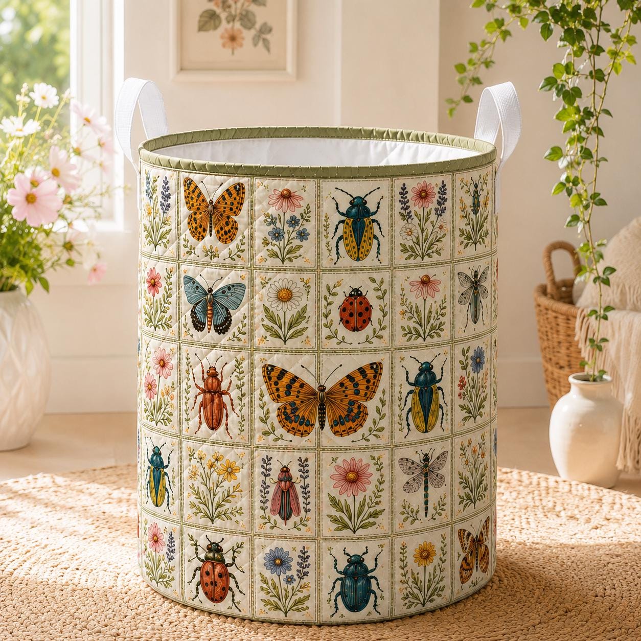 Botanical Insect Quilted Style Laundry Basket with Dragonfly Bee Nature Hamper and Cottagecore Floral Storage Organizer Decor