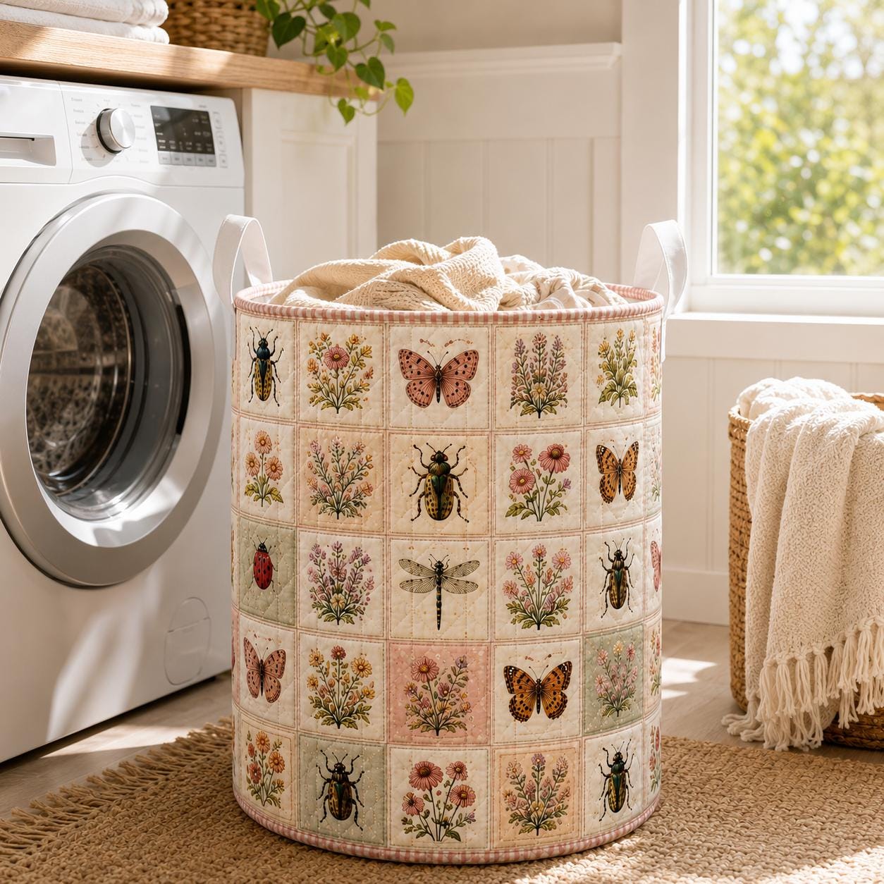 Botanical Insect Quilted Style Laundry Basket with Dragonfly Bee Nature Hamper and Cottagecore Floral Storage Organizer Decor - photo 2