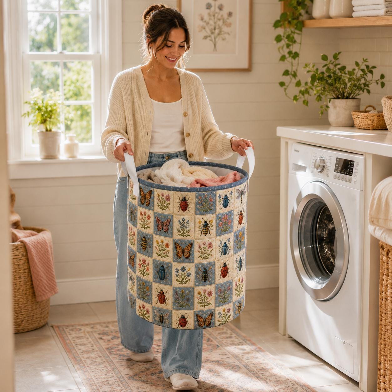 Botanical Insect Quilted Style Laundry Basket with Dragonfly Bee Nature Hamper and Cottagecore Floral Storage Organizer Decor - photo 3