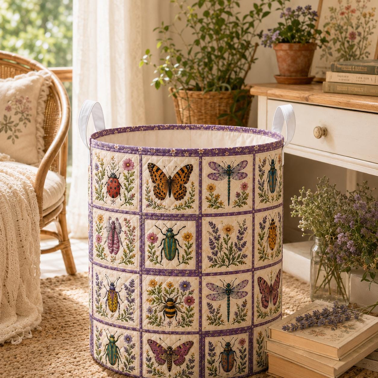 Botanical Insect Quilted Style Laundry Basket with Dragonfly Bee Nature Hamper and Cottagecore Floral Storage Organizer Decor - photo 4