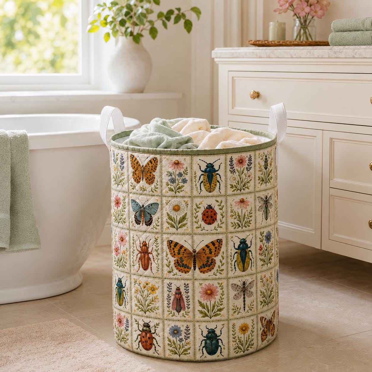 Botanical Insect Quilted Style Laundry Basket with Dragonfly Bee Nature Hamper and Cottagecore Floral Storage Organizer Decor - photo 6