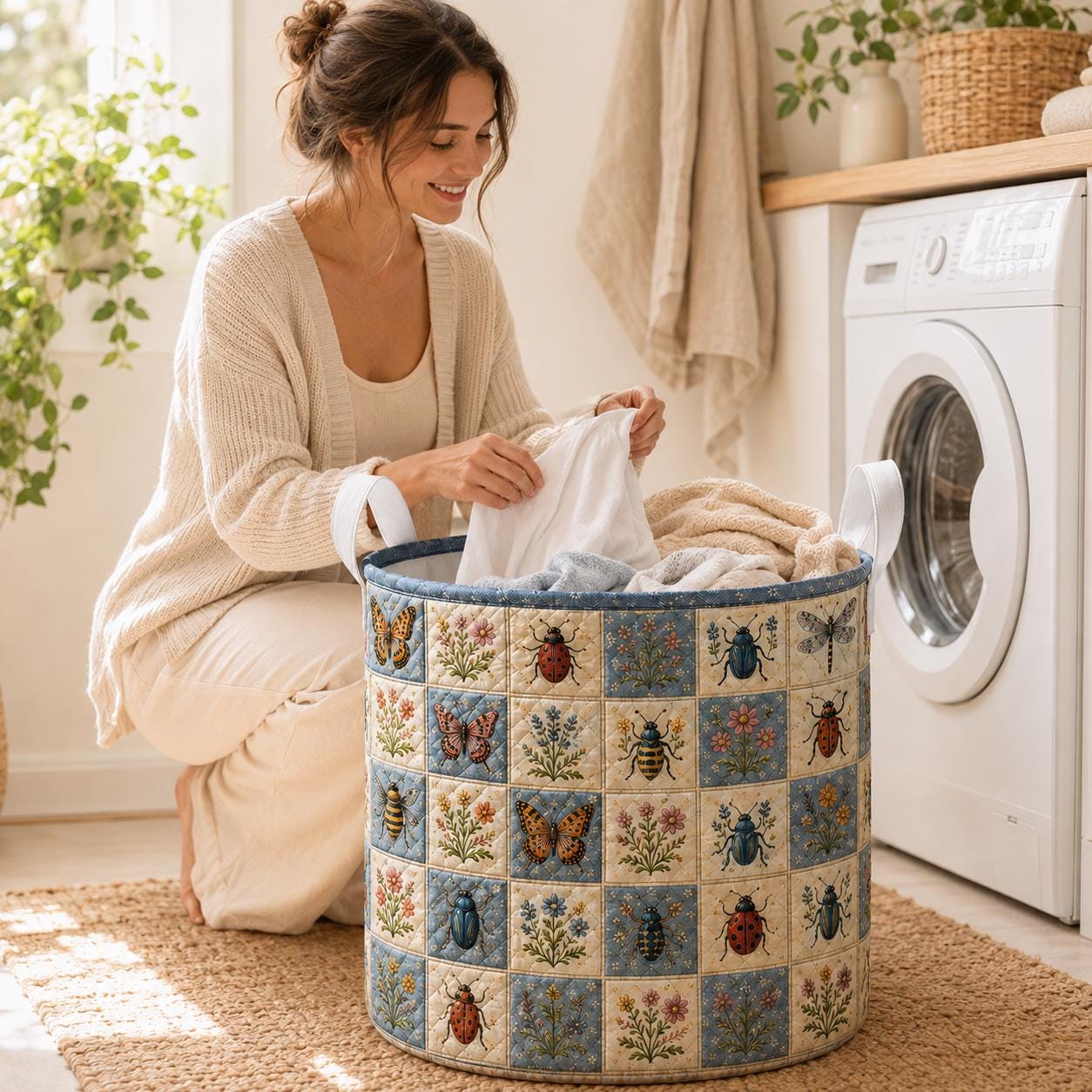 Botanical Insect Quilted Style Laundry Basket with Dragonfly Bee Nature Hamper and Cottagecore Floral Storage Organizer Decor - photo 7