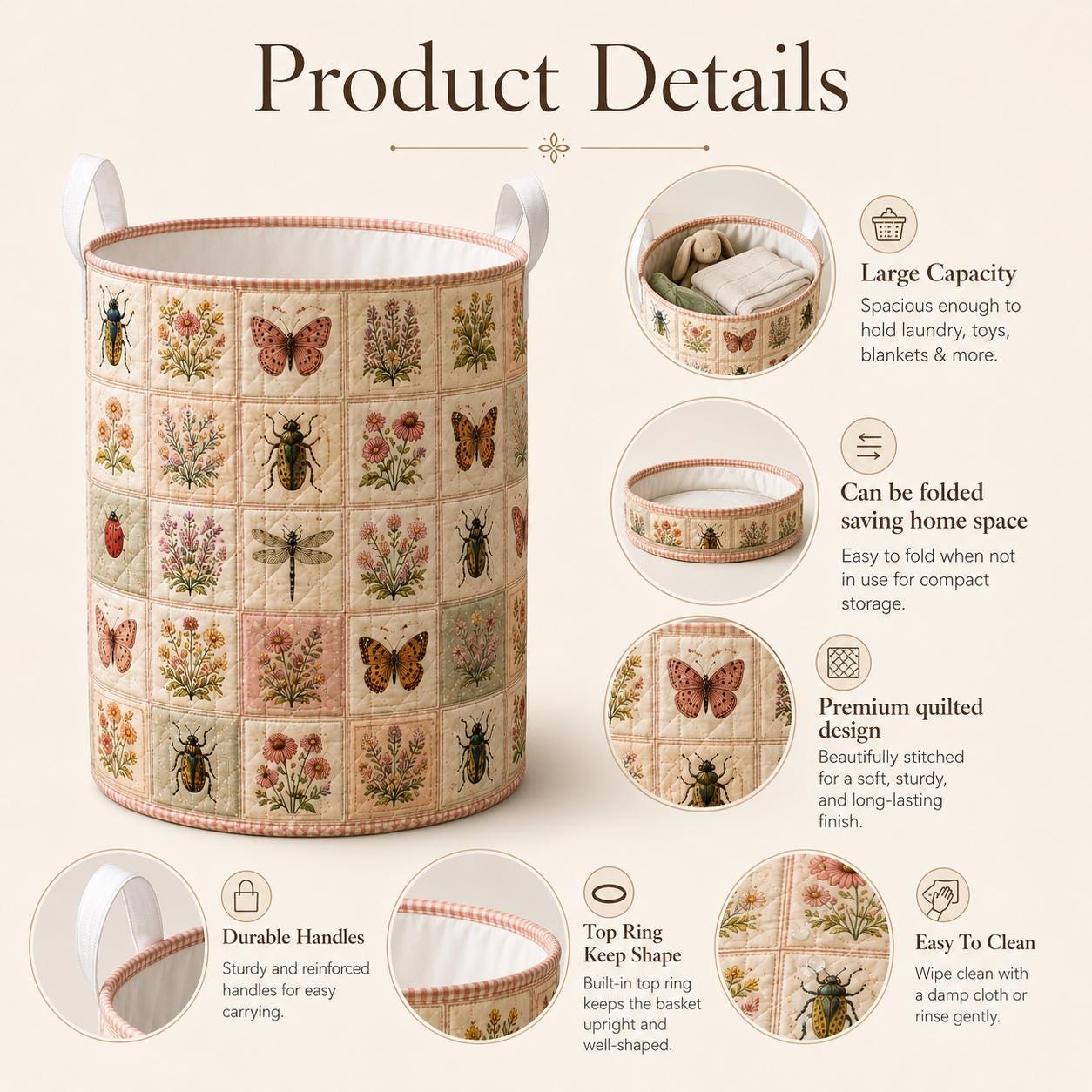 Botanical Insect Quilted Style Laundry Basket with Dragonfly Bee Nature Hamper and Cottagecore Floral Storage Organizer Decor - photo 8
