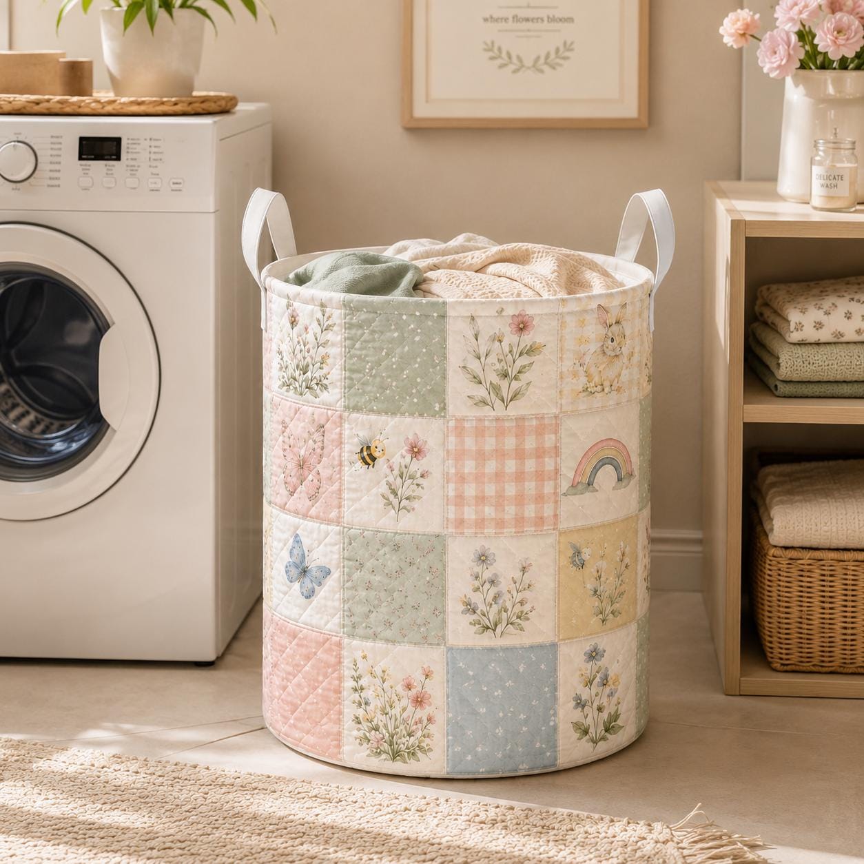 Woodland Animal Bunny Style Laundry Basket with Forest Nursery Hamper and Floral Kids Room Storage Decor