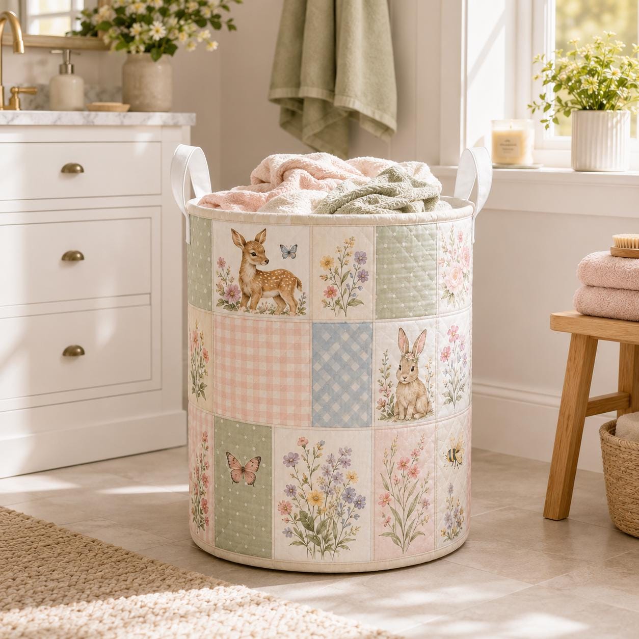 Woodland Animal Bunny Style Laundry Basket with Forest Nursery Hamper and Floral Kids Room Storage Decor - photo 2