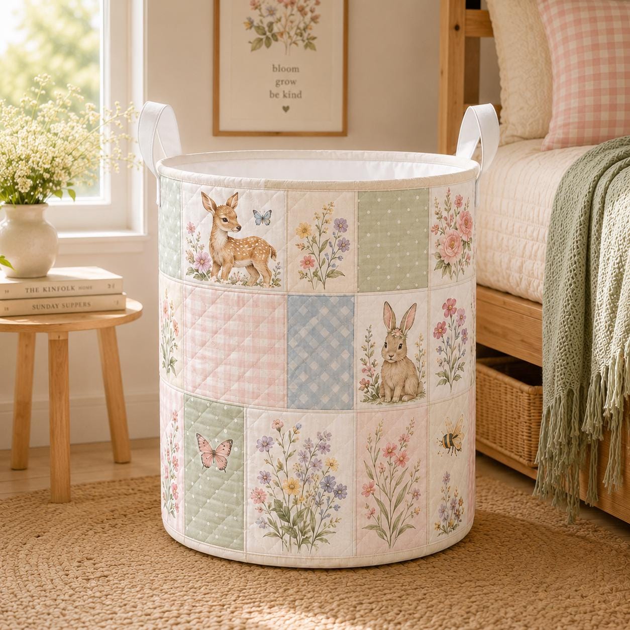 Woodland Animal Bunny Style Laundry Basket with Forest Nursery Hamper and Floral Kids Room Storage Decor - photo 3