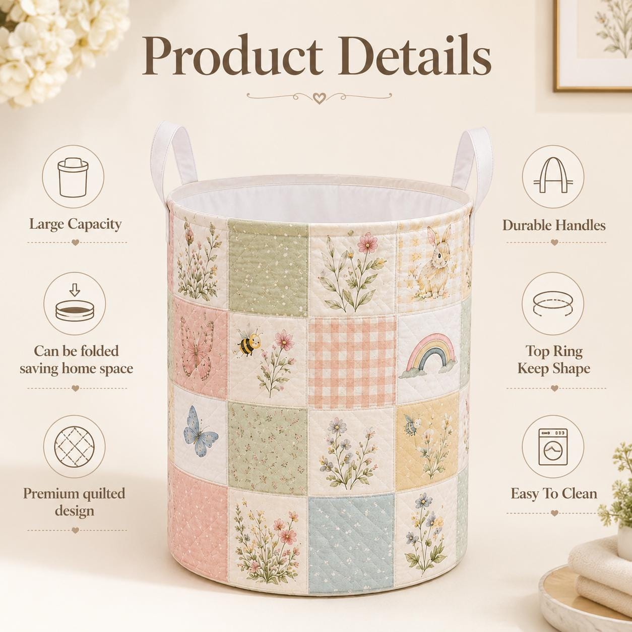 Woodland Animal Bunny Style Laundry Basket with Forest Nursery Hamper and Floral Kids Room Storage Decor - photo 6