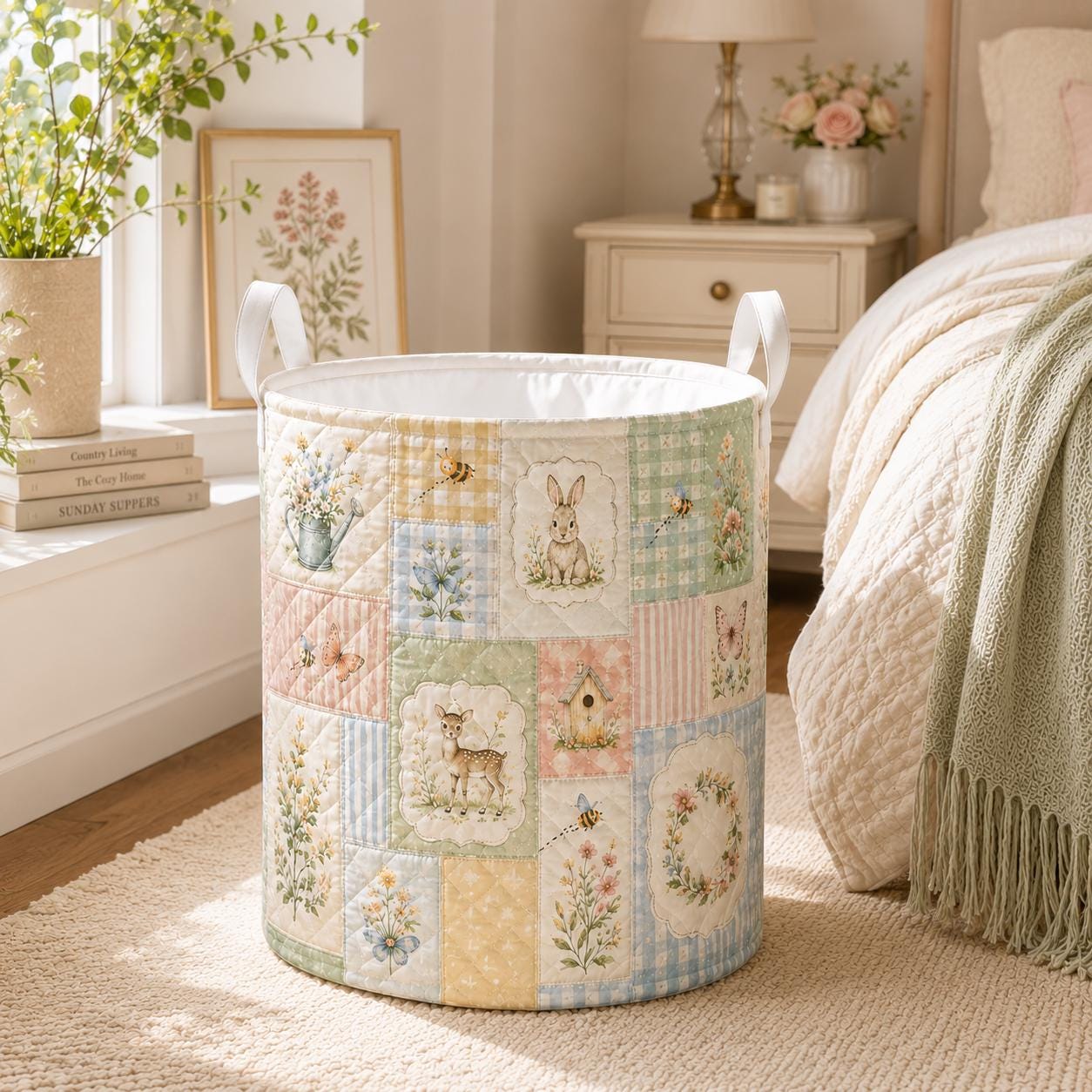 Woodland Animal Bunny Style Laundry Basket with Forest Nursery Hamper and Floral Kids Room Storage Decor - photo 8