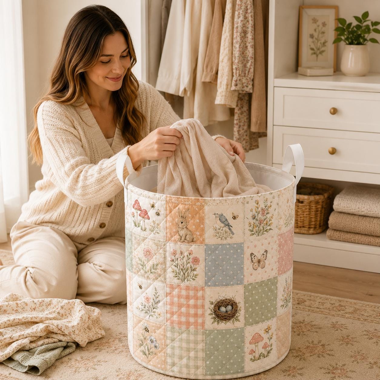 Woodland Animal Bunny Style Laundry Basket with Forest Nursery Hamper and Floral Kids Room Storage Decor - photo 9