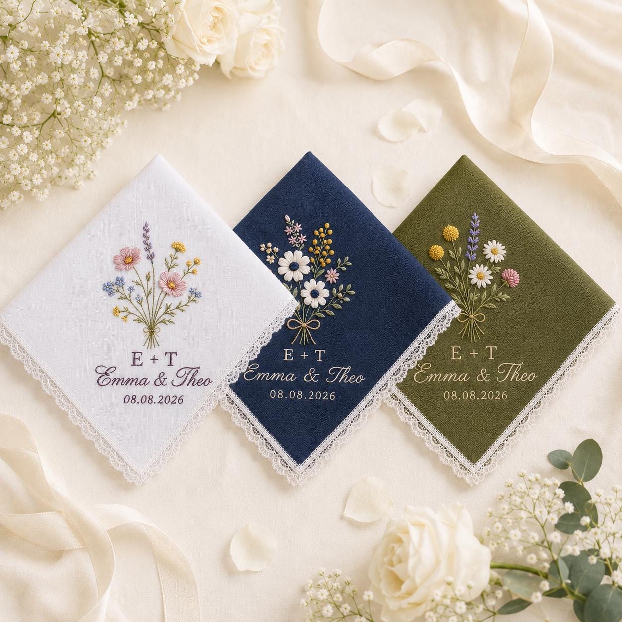 Personalized Floral Embroidered Wedding Handkerchief with Custom Wildflower Bouquet Keepsake and Blue Wedding Favor