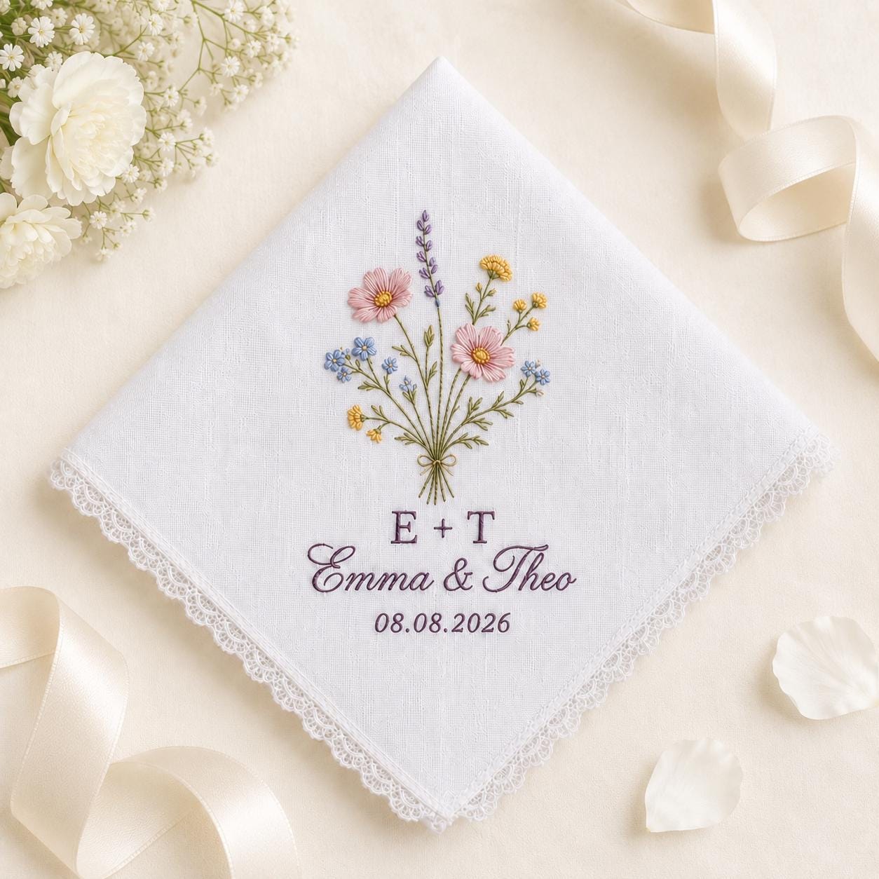 Personalized Floral Embroidered Wedding Handkerchief with Custom Wildflower Bouquet Keepsake and Blue Wedding Favor - photo 2