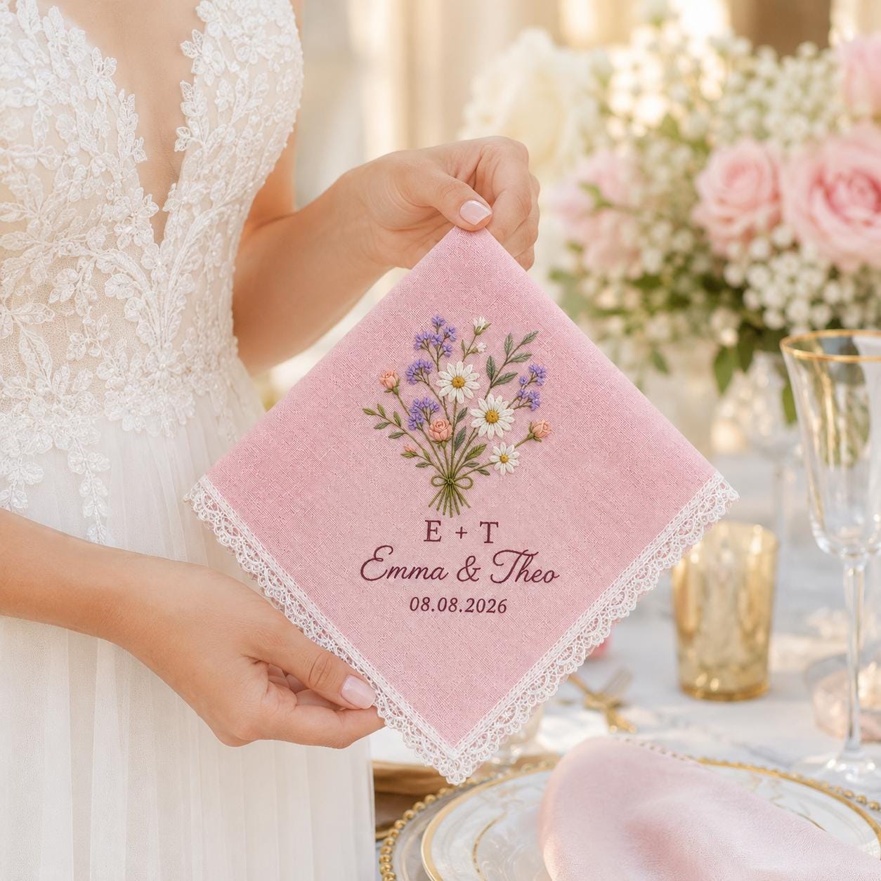 Personalized Floral Embroidered Wedding Handkerchief with Custom Wildflower Bouquet Keepsake and Blue Wedding Favor - photo 3