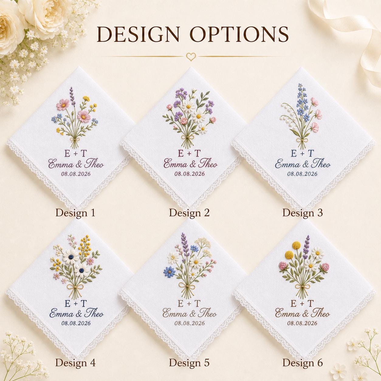 Personalized Floral Embroidered Wedding Handkerchief with Custom Wildflower Bouquet Keepsake and Blue Wedding Favor - photo 4