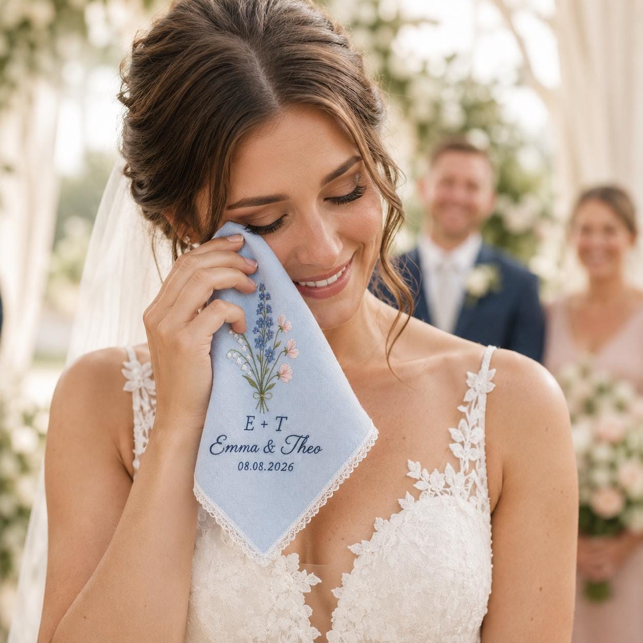 Personalized Floral Embroidered Wedding Handkerchief with Custom Wildflower Bouquet Keepsake and Blue Wedding Favor - photo 9