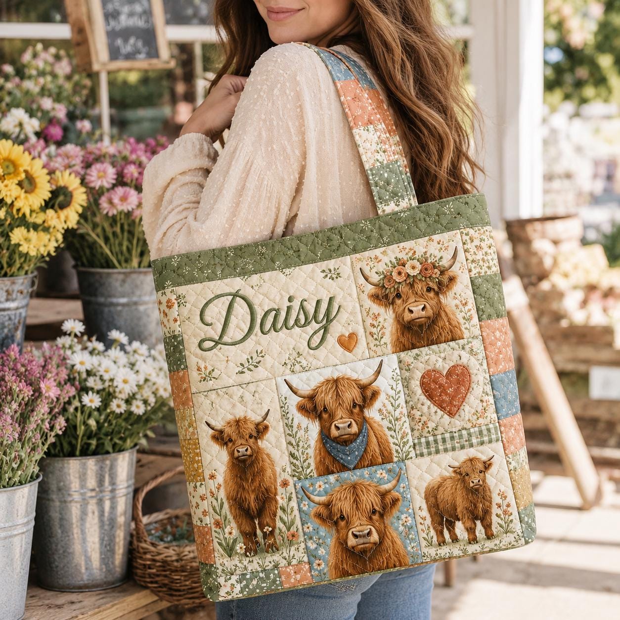 Personalized Highland Cow Quilted Style Tote Bag with Custom Name Farm Animal Patchwork Purse Cow Lover Gift Bag