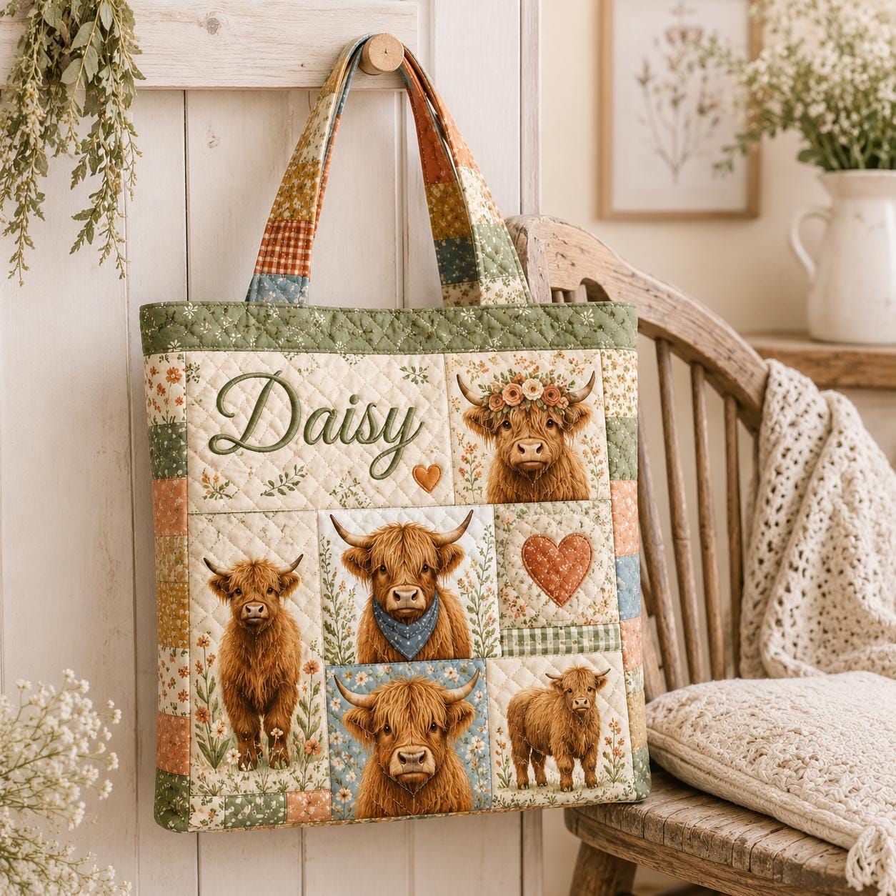 Personalized Highland Cow Quilted Style Tote Bag with Custom Name Farm Animal Patchwork Purse Cow Lover Gift Bag - photo 2