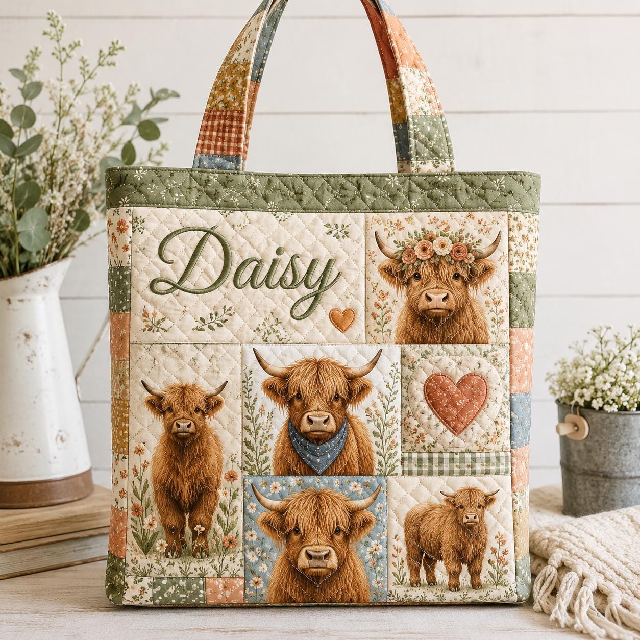 Personalized Highland Cow Quilted Style Tote Bag with Custom Name Farm Animal Patchwork Purse Cow Lover Gift Bag - photo 3