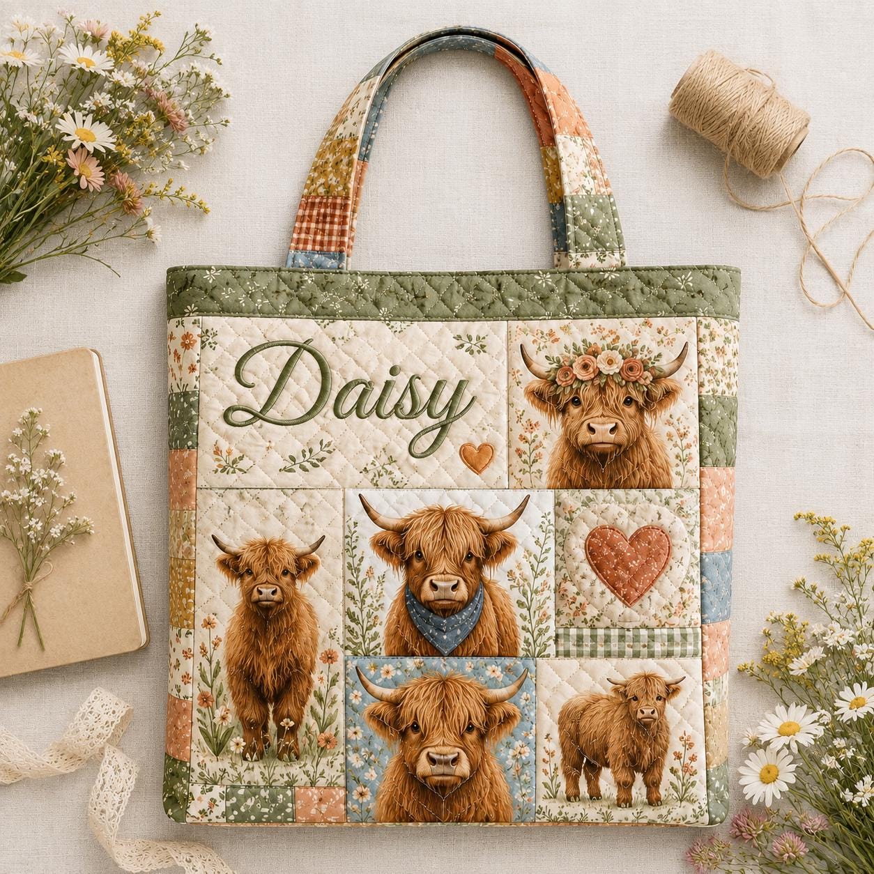 Personalized Highland Cow Quilted Style Tote Bag with Custom Name Farm Animal Patchwork Purse Cow Lover Gift Bag - photo 5