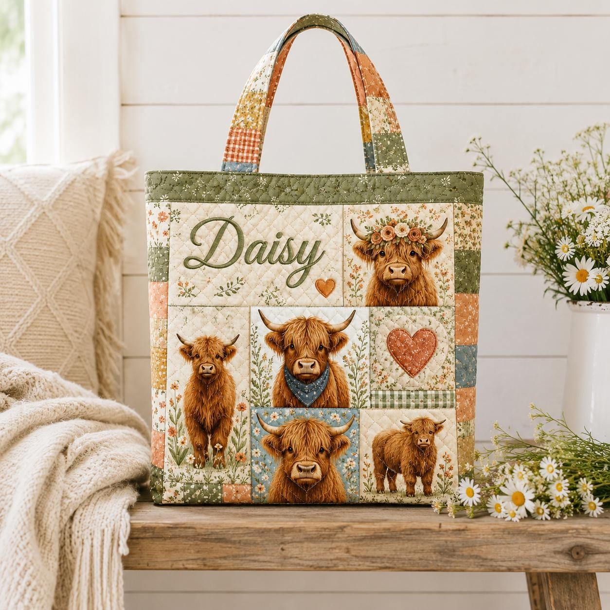 Personalized Highland Cow Quilted Style Tote Bag with Custom Name Farm Animal Patchwork Purse Cow Lover Gift Bag - photo 6
