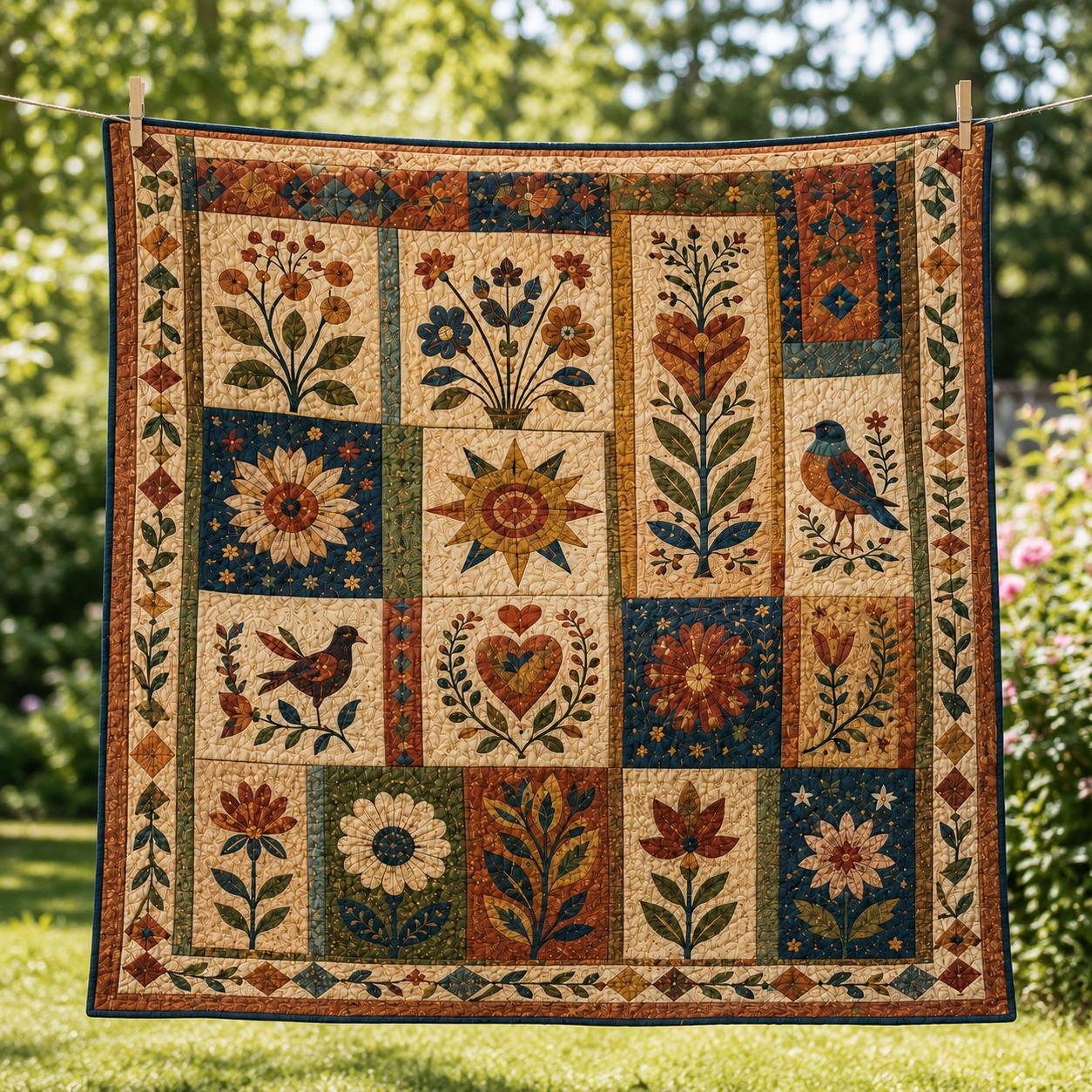 Primitive Folk Art Americana Quilt Blanket and Botanical Floral Bedspread for Farmhouse Decors