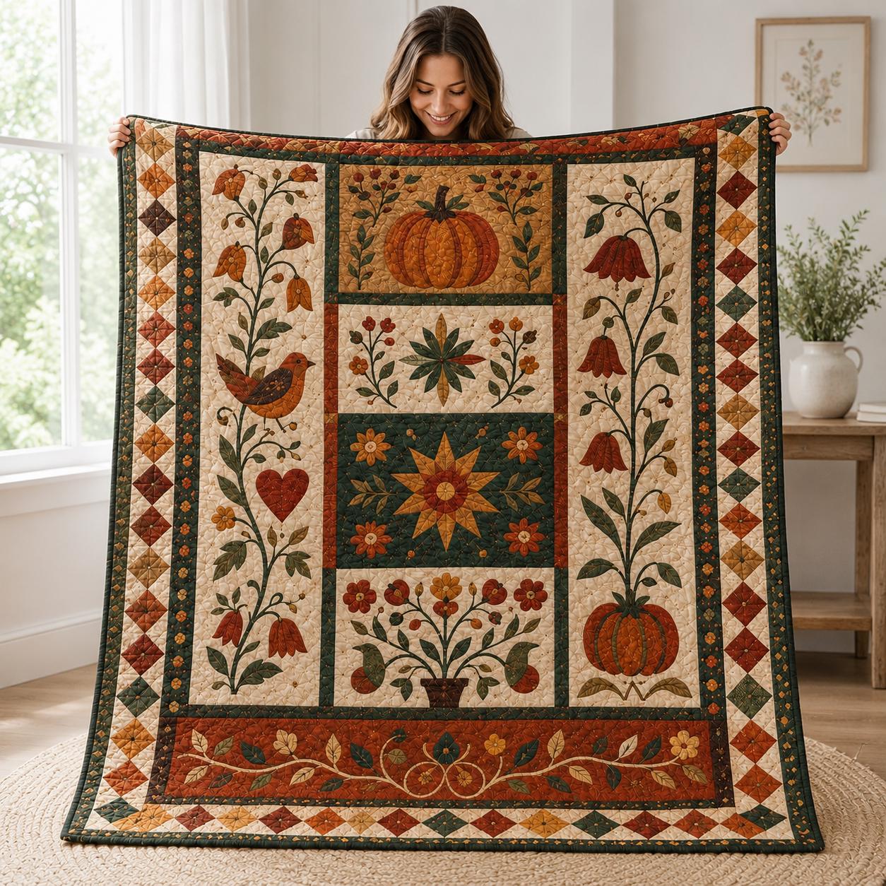 Primitive Folk Art Americana Quilt Blanket and Botanical Floral Bedspread for Farmhouse Decors - photo 2