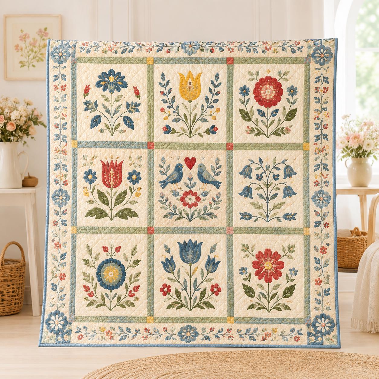 Primitive Folk Art Americana Quilt Blanket and Botanical Floral Bedspread for Farmhouse Decors - photo 3