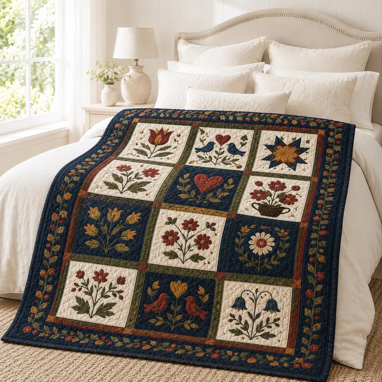 Primitive Folk Art Americana Quilt Blanket and Botanical Floral Bedspread for Farmhouse Decors - photo 6