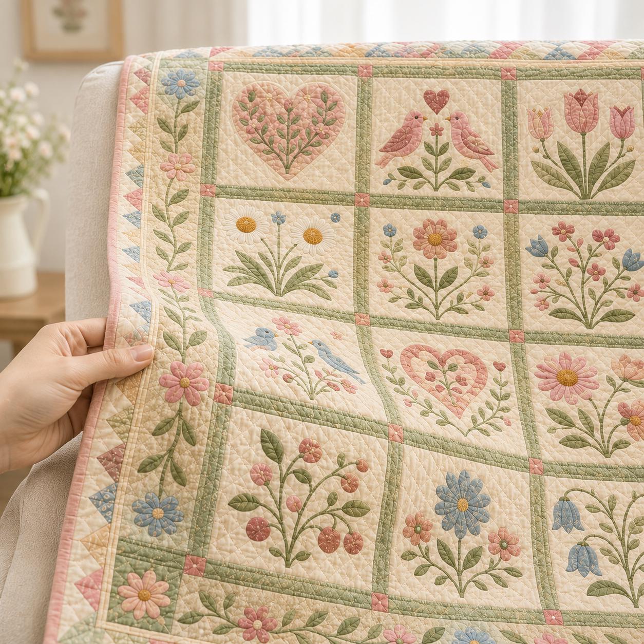 Primitive Folk Art Americana Quilt Blanket and Botanical Floral Bedspread for Farmhouse Decors - photo 7