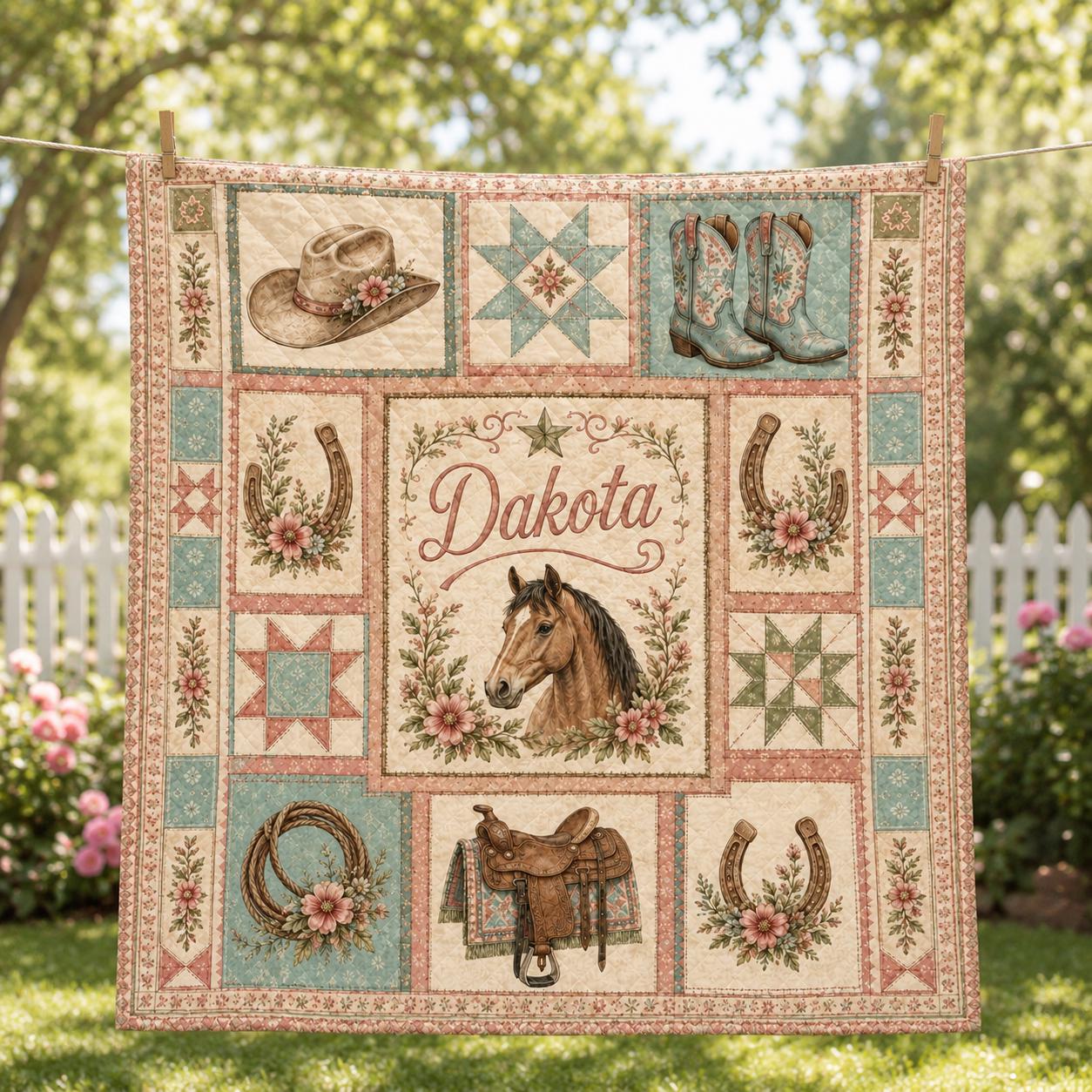 Personalized Custom Name Patchwork Throw Blanket – Western Floral Cowgirl Quilt and Cowboy Blankets