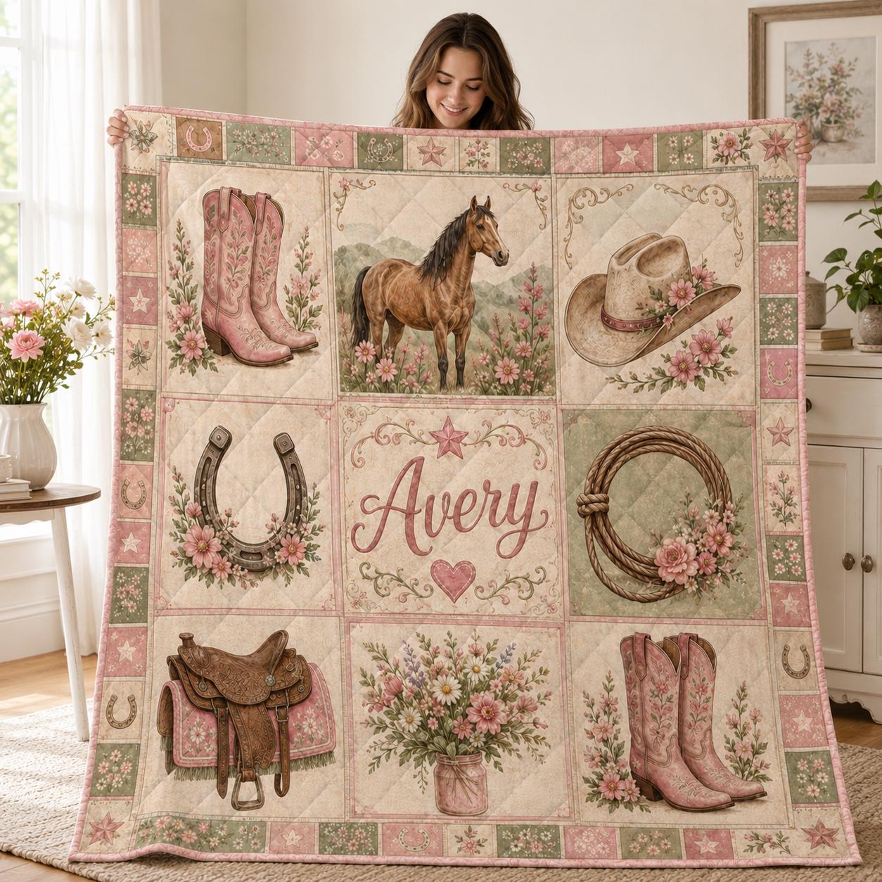 Personalized Custom Name Patchwork Throw Blanket – Western Floral Cowgirl Quilt and Cowboy Blankets - photo 2