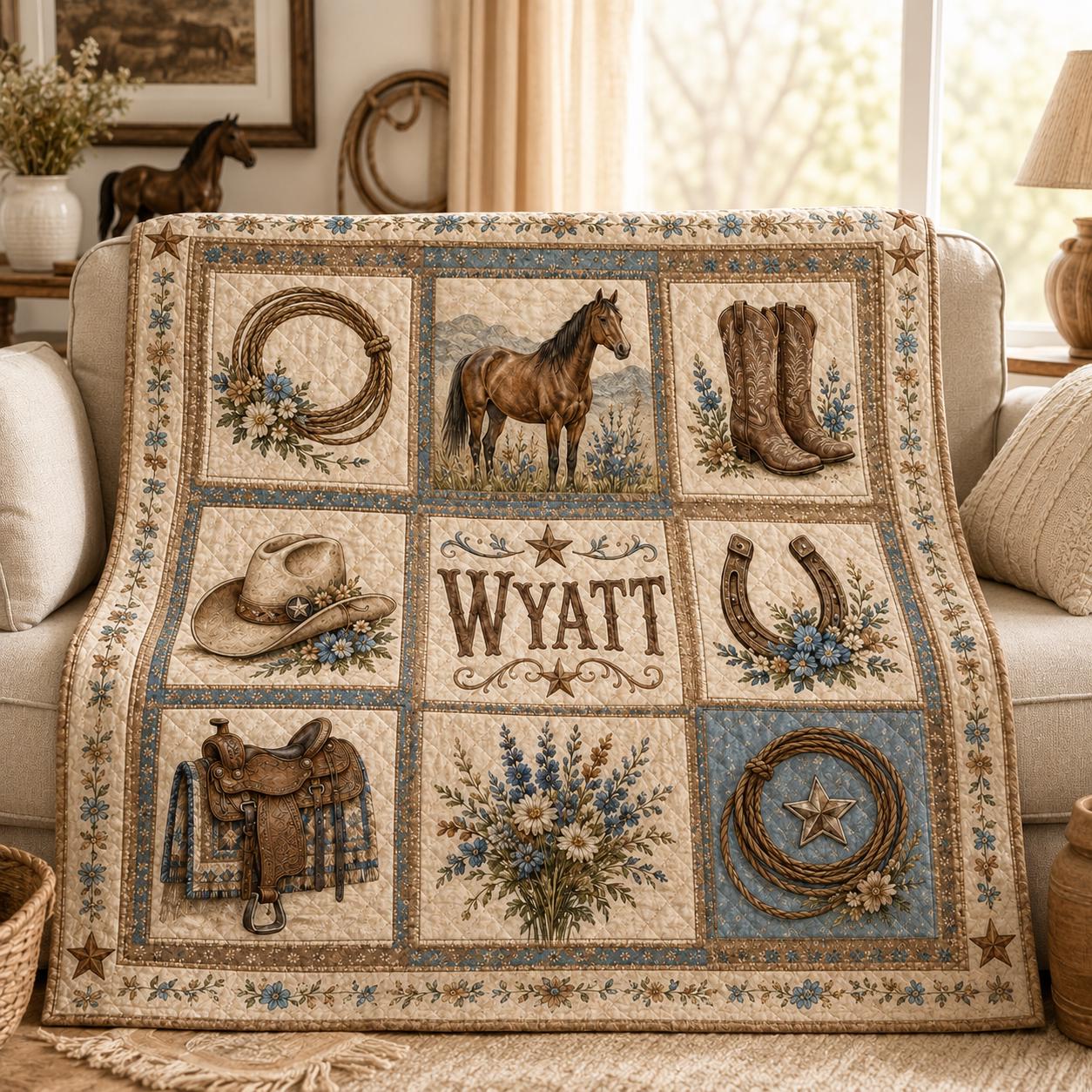 Personalized Custom Name Patchwork Throw Blanket – Western Floral Cowgirl Quilt and Cowboy Blankets - photo 3