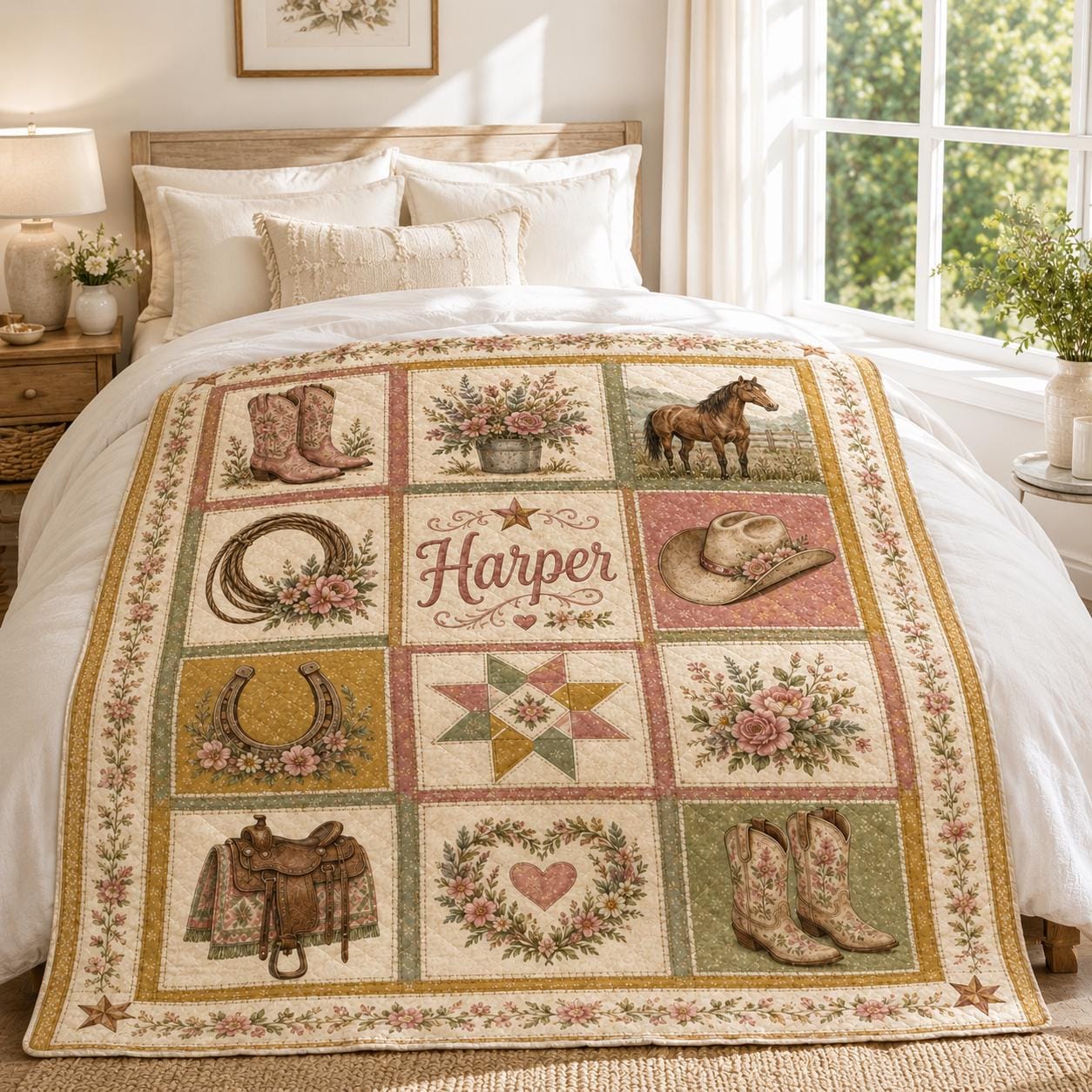 Personalized Custom Name Patchwork Throw Blanket – Western Floral Cowgirl Quilt and Cowboy Blankets - photo 4