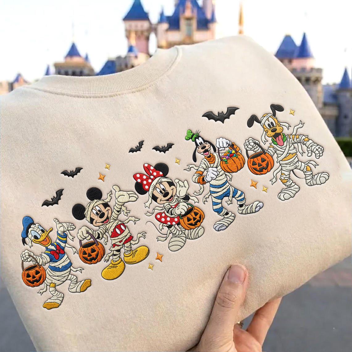 Embroidered Mickey and Friends Mummy Disney Halloween Sweatshirt – WDW Disneyland Fall Crewneck Apparel and Halloween Gift