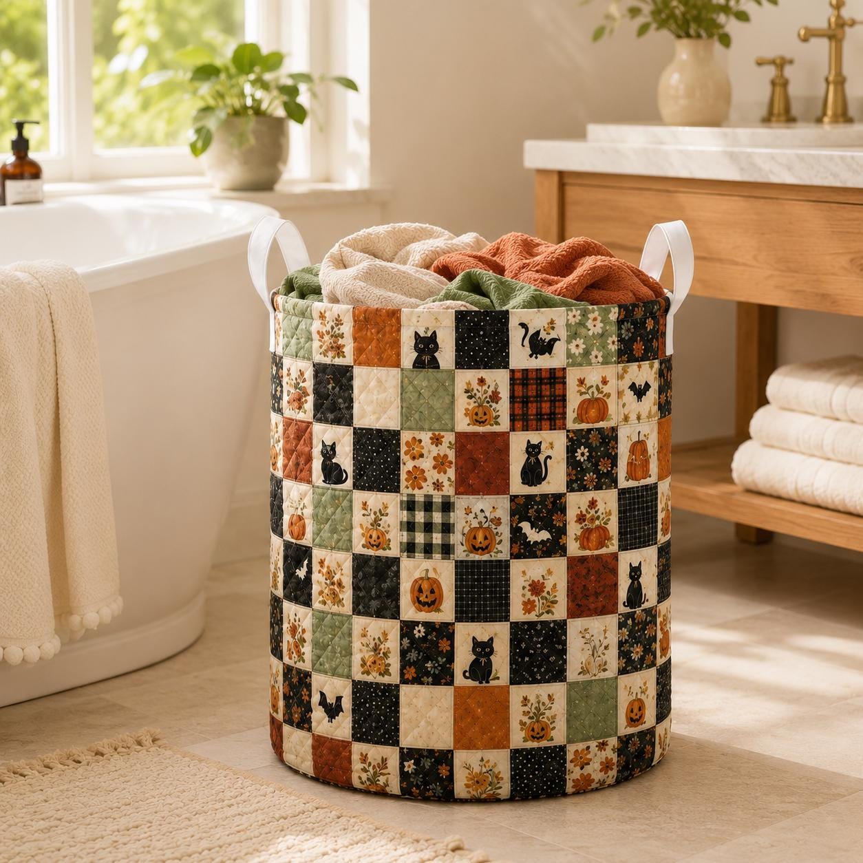 Halloween Black Cat Quilted Style Laundry Basket with Autumn Leaves Hamper and Fall Seasonal Home Decor Storage
