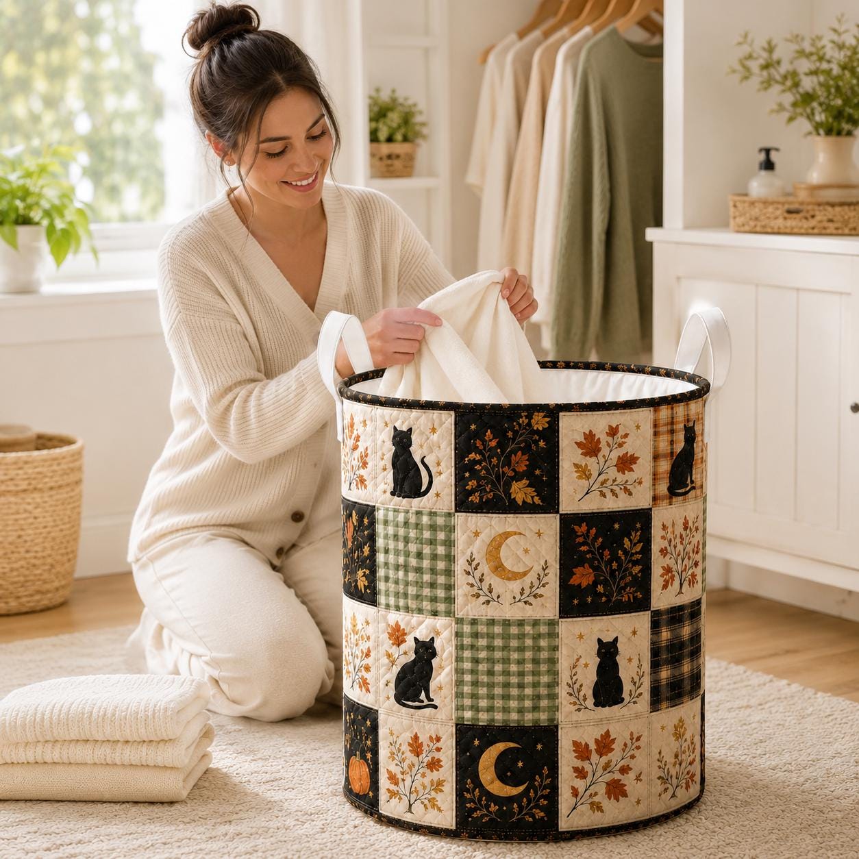Halloween Black Cat Quilted Style Laundry Basket with Autumn Leaves Hamper and Fall Seasonal Home Decor Storage - photo 2