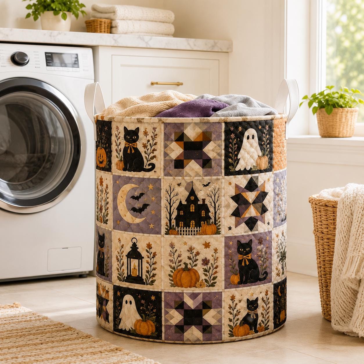 Halloween Black Cat Quilted Style Laundry Basket with Autumn Leaves Hamper and Fall Seasonal Home Decor Storage - photo 3