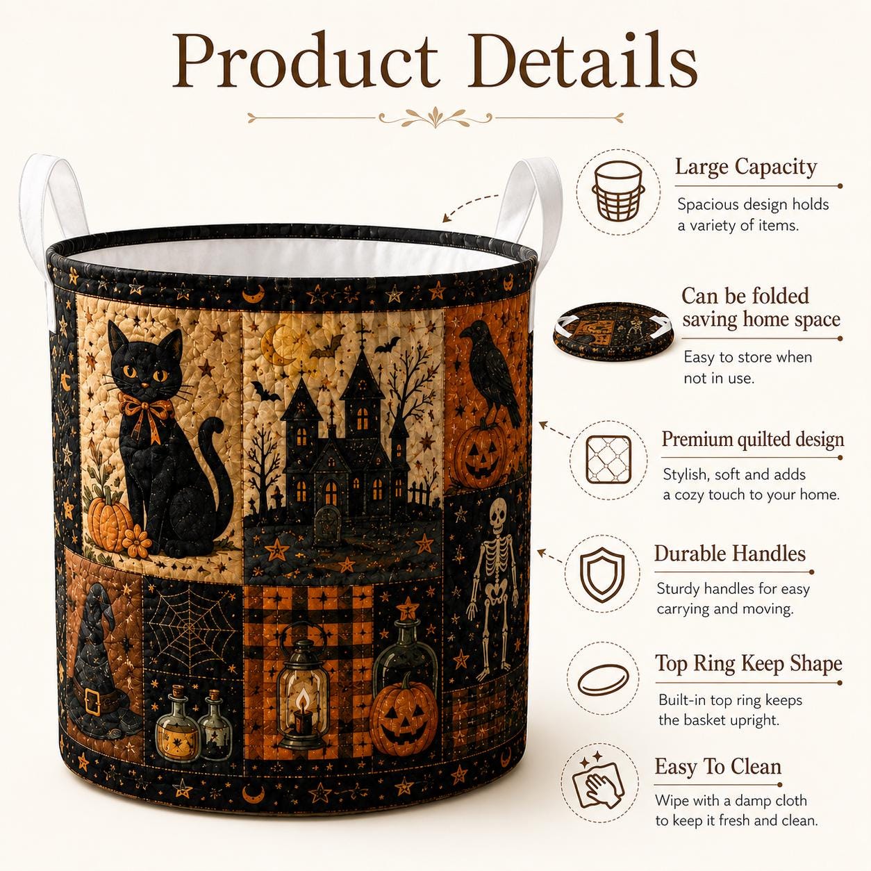 Halloween Black Cat Quilted Style Laundry Basket with Autumn Leaves Hamper and Fall Seasonal Home Decor Storage - photo 5