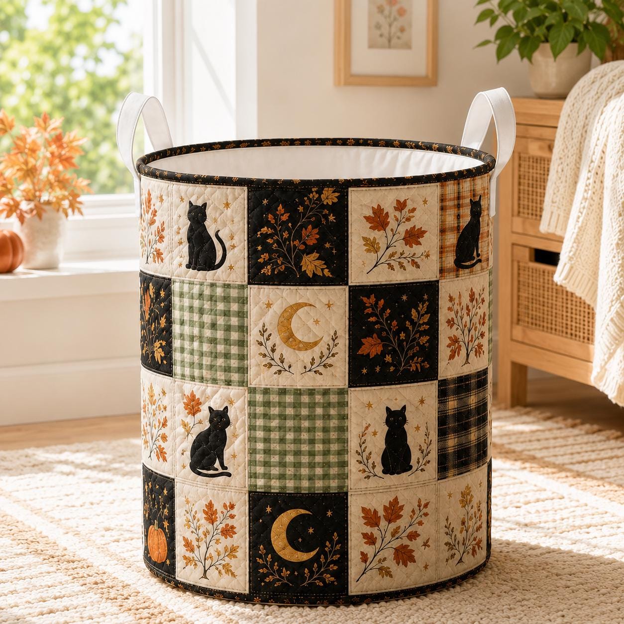 Halloween Black Cat Quilted Style Laundry Basket with Autumn Leaves Hamper and Fall Seasonal Home Decor Storage - photo 7